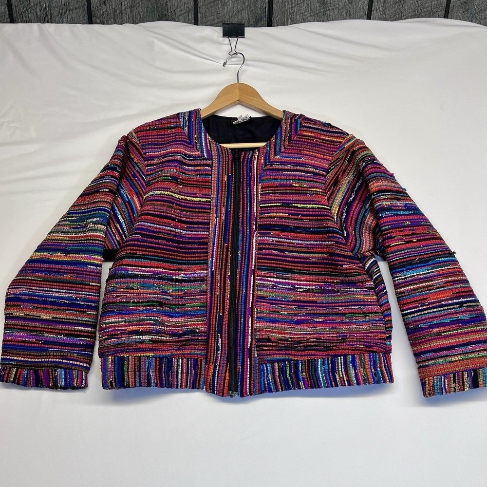 Vintage Silkscapes Textile Art To Wear Ethnic Colorful Lined Jacket Small Bomber